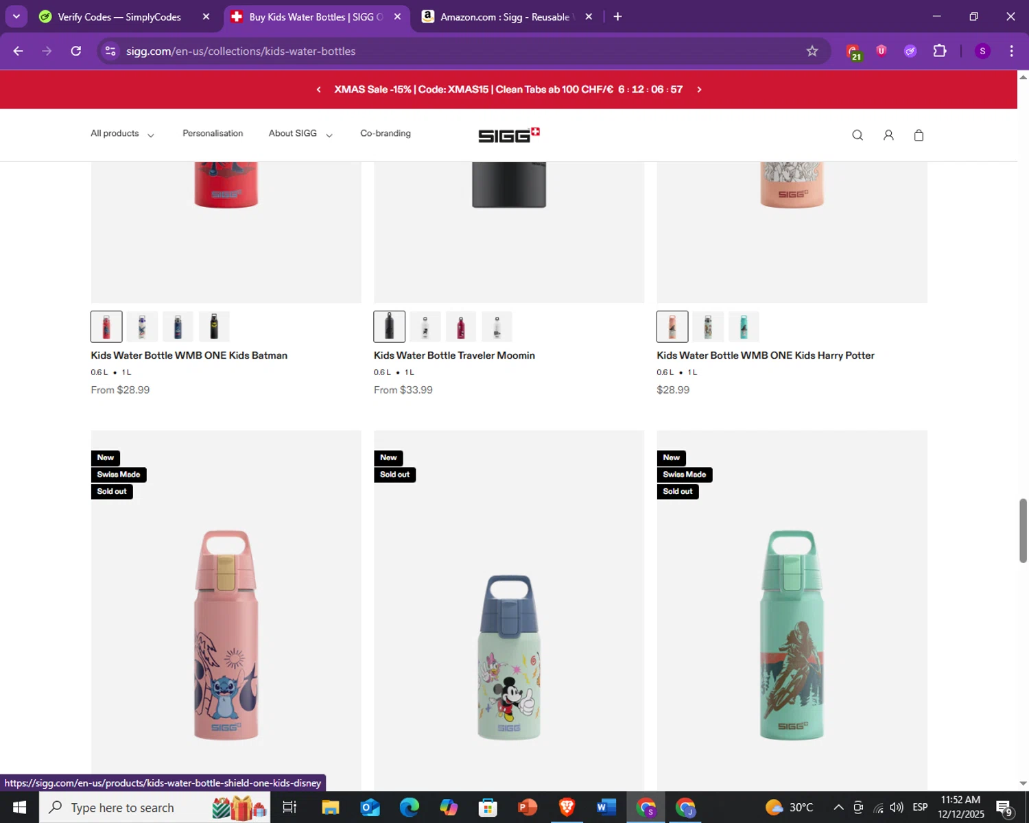 SIGG promo code screenshot showing code SIGG10 applied at SIGG checkout page. Uploaded by SimplyCodes community member CleverWarden9139 on Dec 12, 2025