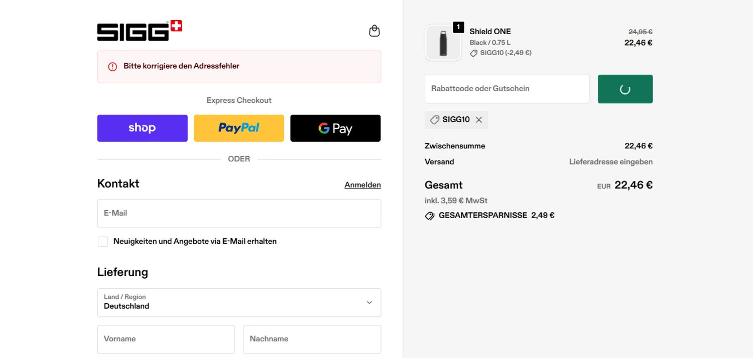 SIGG promo code screenshot showing code SIGG10 applied at SIGG checkout page. Uploaded by SimplyCodes community member MagnificentAdmiral9096 on Oct 24, 2025