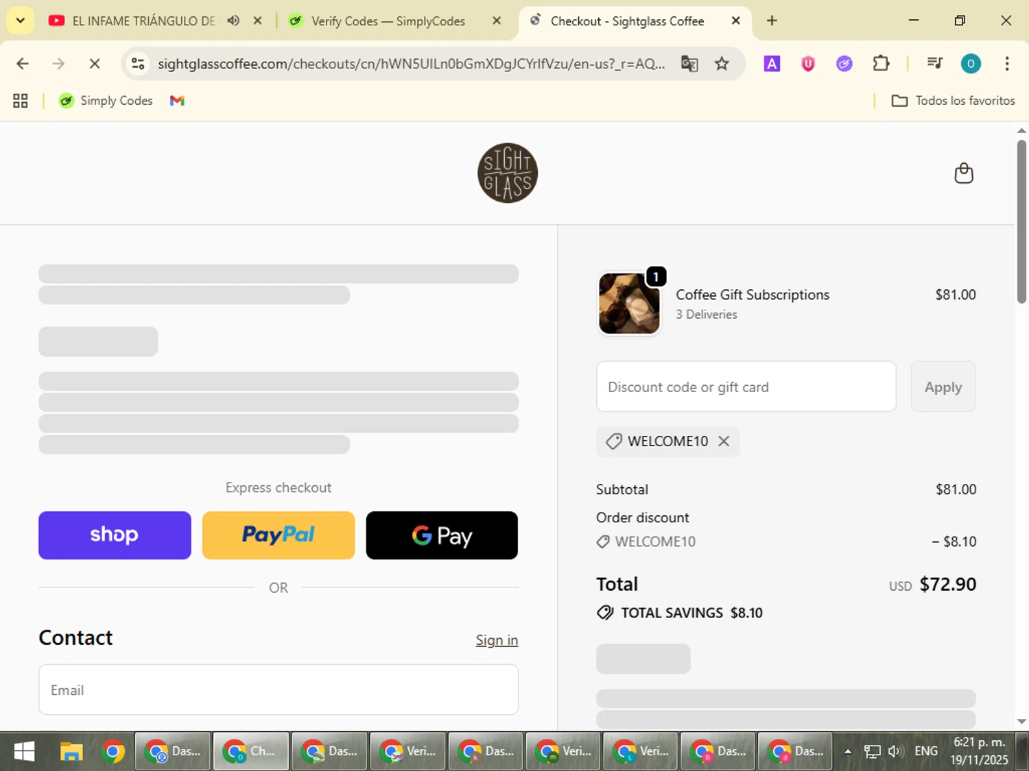 Sightglass Coffee discount code screenshot showing code WELCOME10 applied at Sightglass Coffee checkout page. Uploaded by SimplyCodes community member BudgetSeeker9524 on Nov 19, 2025