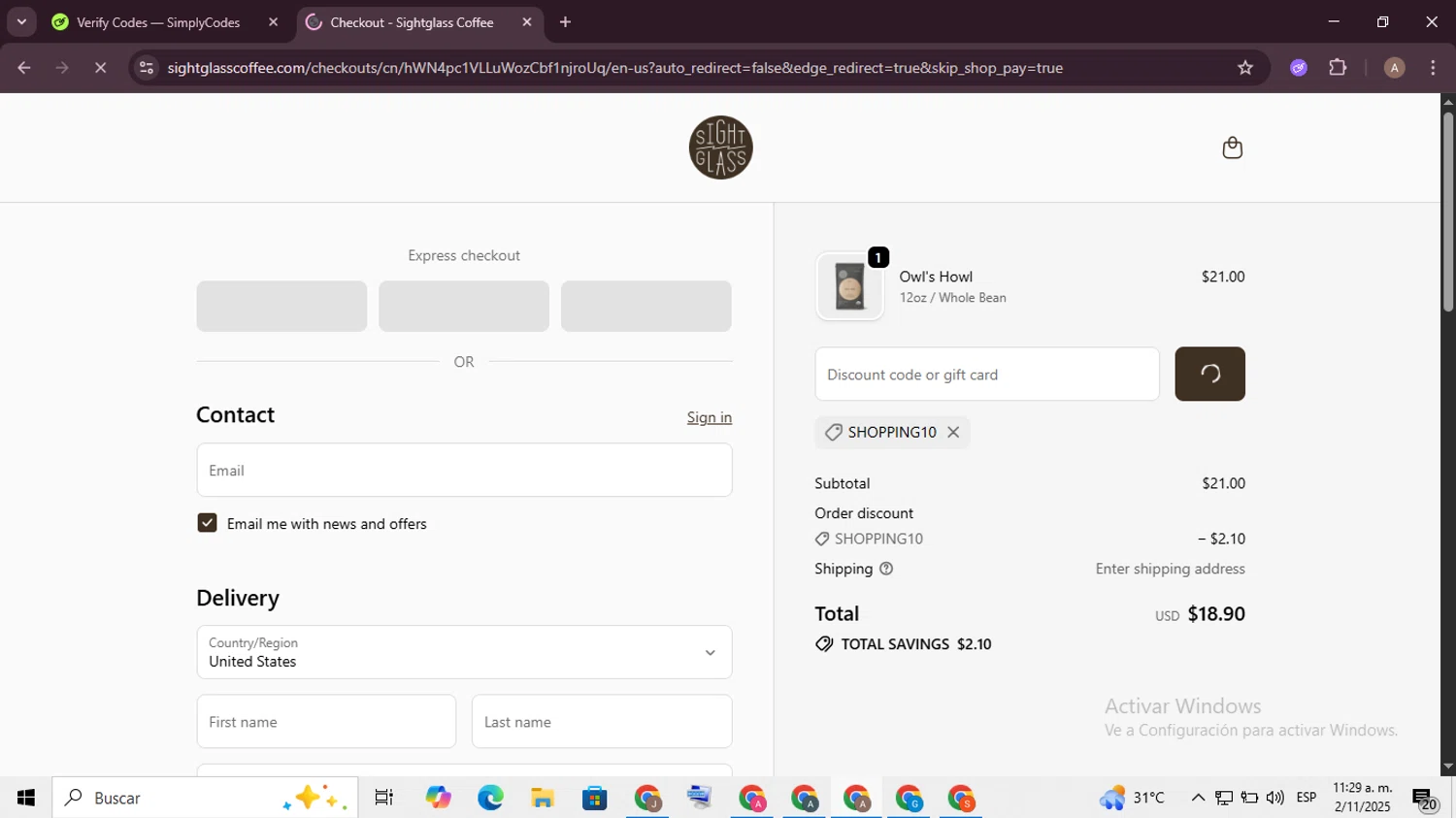 Sightglass Coffee discount code screenshot showing code SHOPPING10 applied at Sightglass Coffee checkout page. Uploaded by SimplyCodes community member BargainGenius8397 on Nov 2, 2025