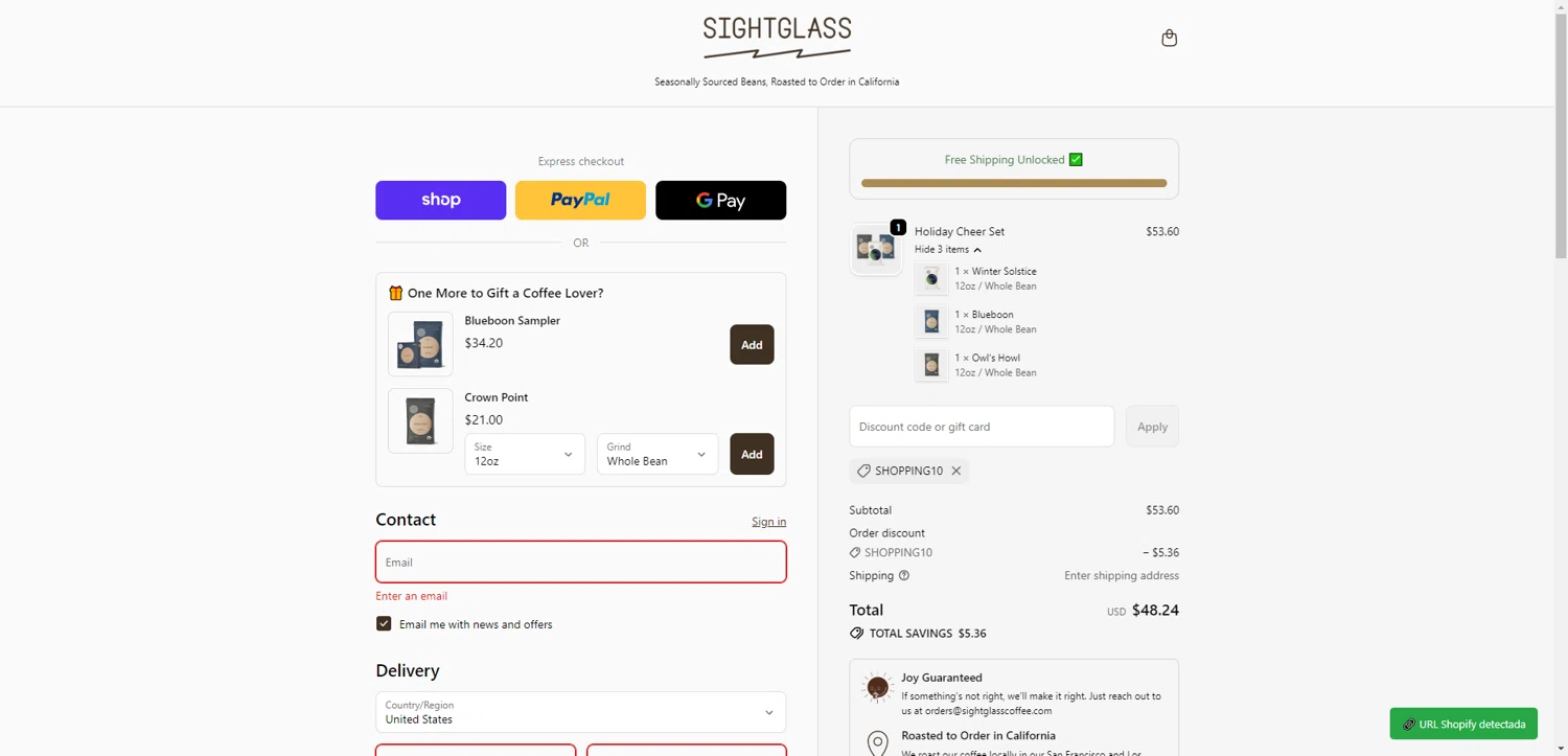 Sightglass Coffee discount code screenshot showing code SHOPPING10 applied at Sightglass Coffee checkout page. Uploaded by SimplyCodes community member PennyRanger8219 on Dec 28, 2025