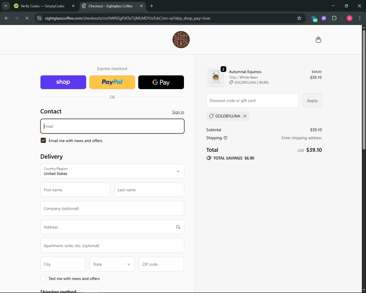 Sightglass Coffee discount code screenshot showing code GOLDBYLUNA applied at Sightglass Coffee checkout page. Uploaded by SimplyCodes community member ThriftyGuardian8485 on Oct 3, 2025