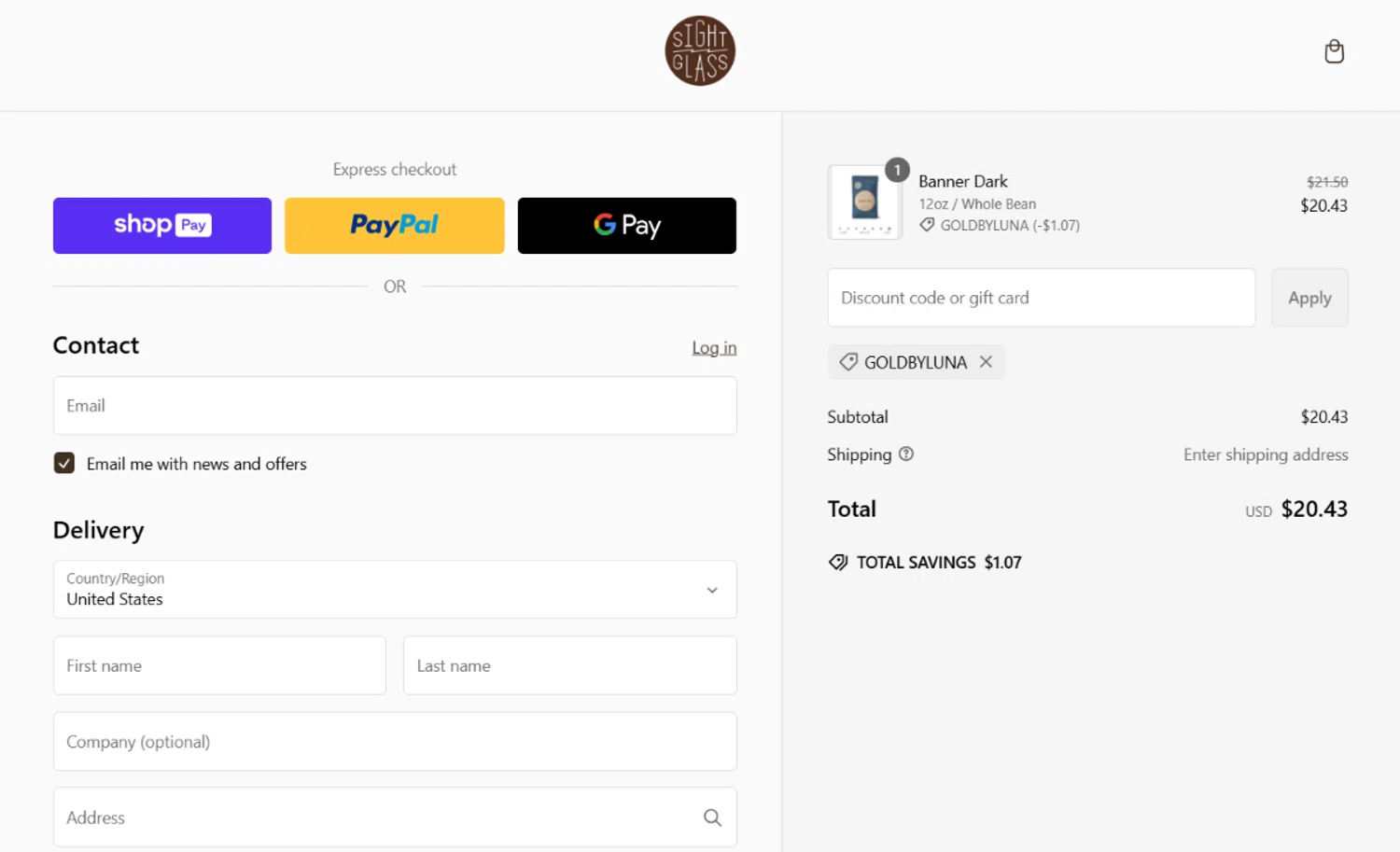 Sightglass Coffee discount code screenshot showing code GOLDBYLUNA applied at Sightglass Coffee checkout page. Uploaded by SimplyCodes community member angelavidal on Feb 12, 2025