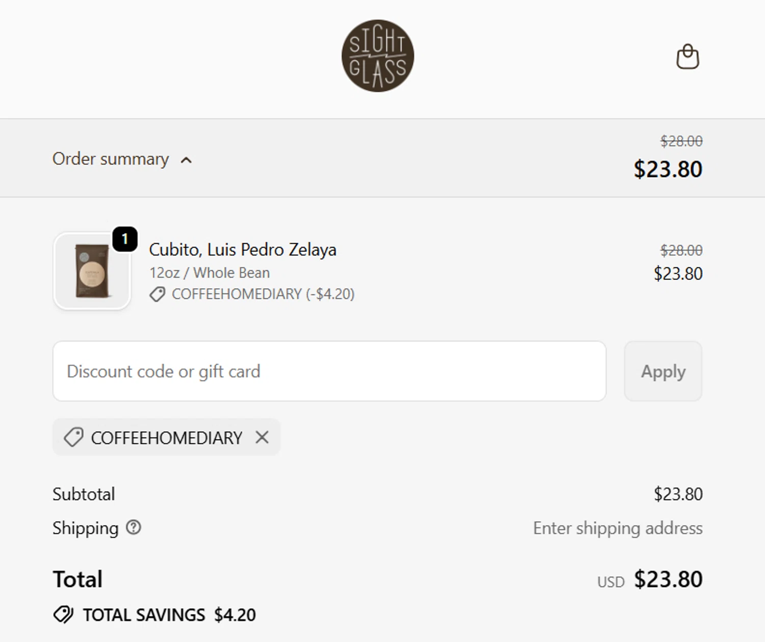 Sightglass Coffee discount code screenshot showing code COFFEEHOMEDIARY applied at Sightglass Coffee checkout page. Uploaded by SimplyCodes community member yokoono10 on Oct 23, 2025