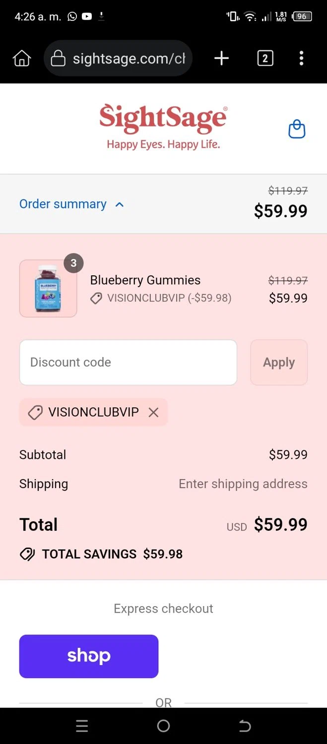 SightSage promo code screenshot showing code VisionClubVIP applied at SightSage checkout page. Uploaded by SimplyCodes community member CleverSleuth6613 on Aug 30, 2025