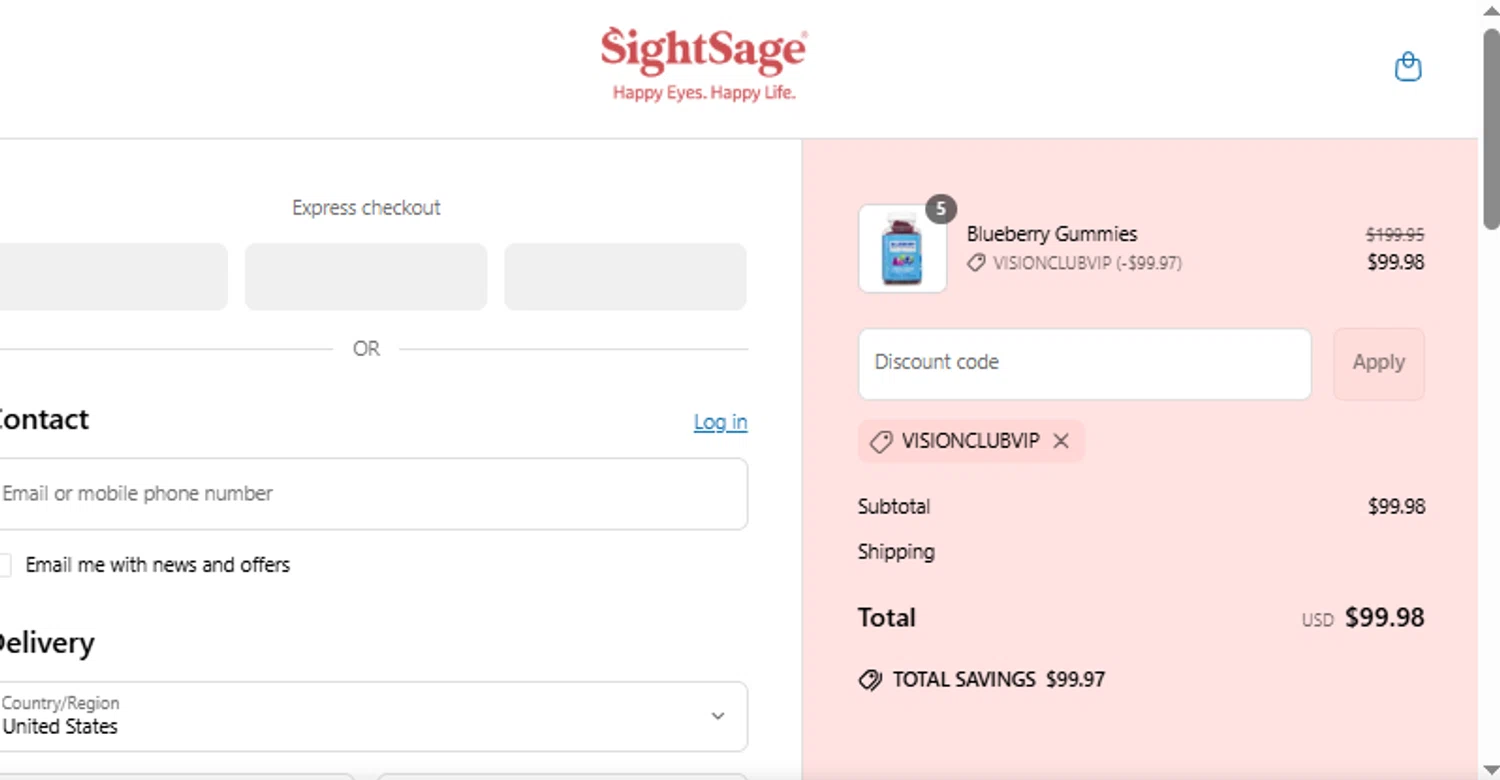 SightSage promo code screenshot showing code VisionClubVIP applied at SightSage checkout page. Uploaded by SimplyCodes community member OsbelSanchez23 on Apr 4, 2025