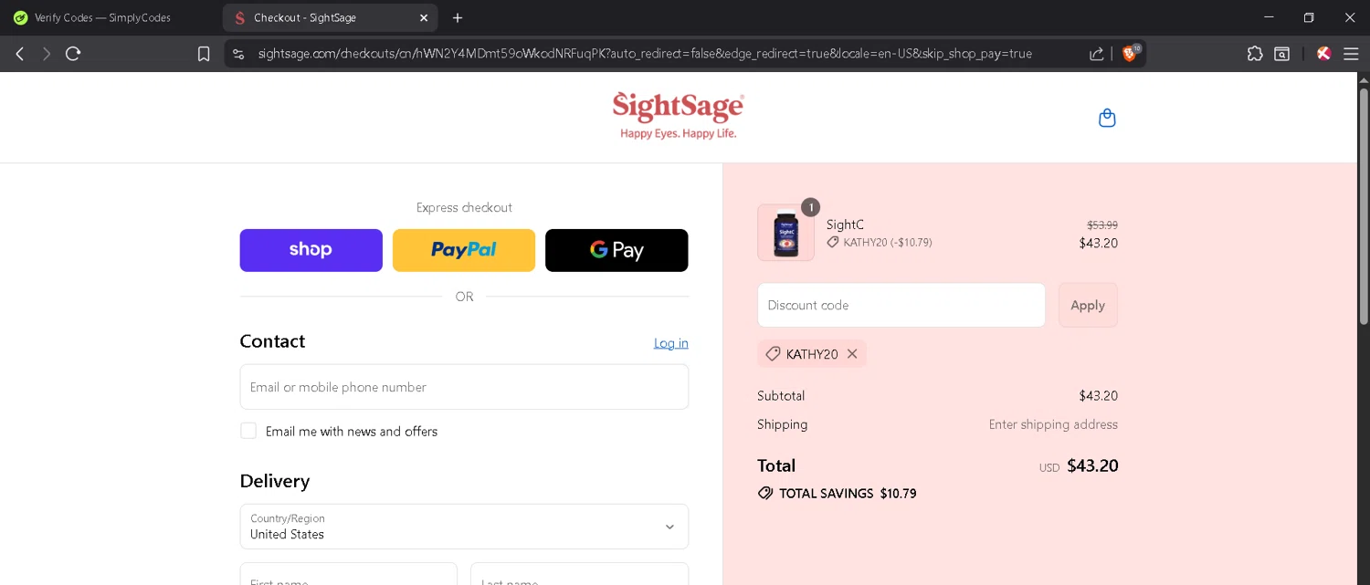 SightSage promo code screenshot showing code KATHY20 applied at SightSage checkout page. Uploaded by SimplyCodes community member JosephStevens774 on Sep 3, 2025