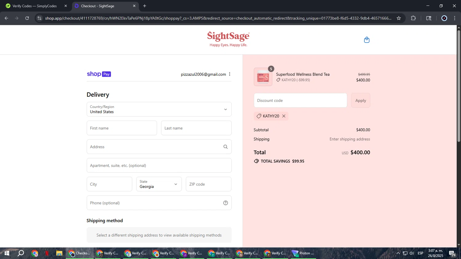 SightSage promo code screenshot showing code KATHY20 applied at SightSage checkout page. Uploaded by SimplyCodes community member RoyalBoss4384 on Aug 26, 2025
