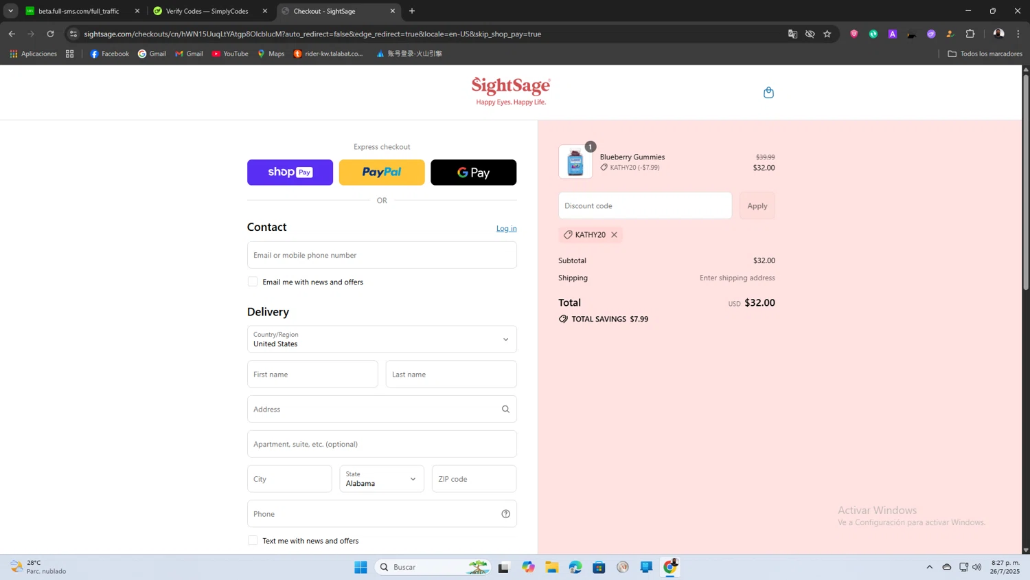 SightSage promo code screenshot showing code KATHY20 applied at SightSage checkout page. Uploaded by SimplyCodes community member SaleScout3344 on Jul 27, 2025