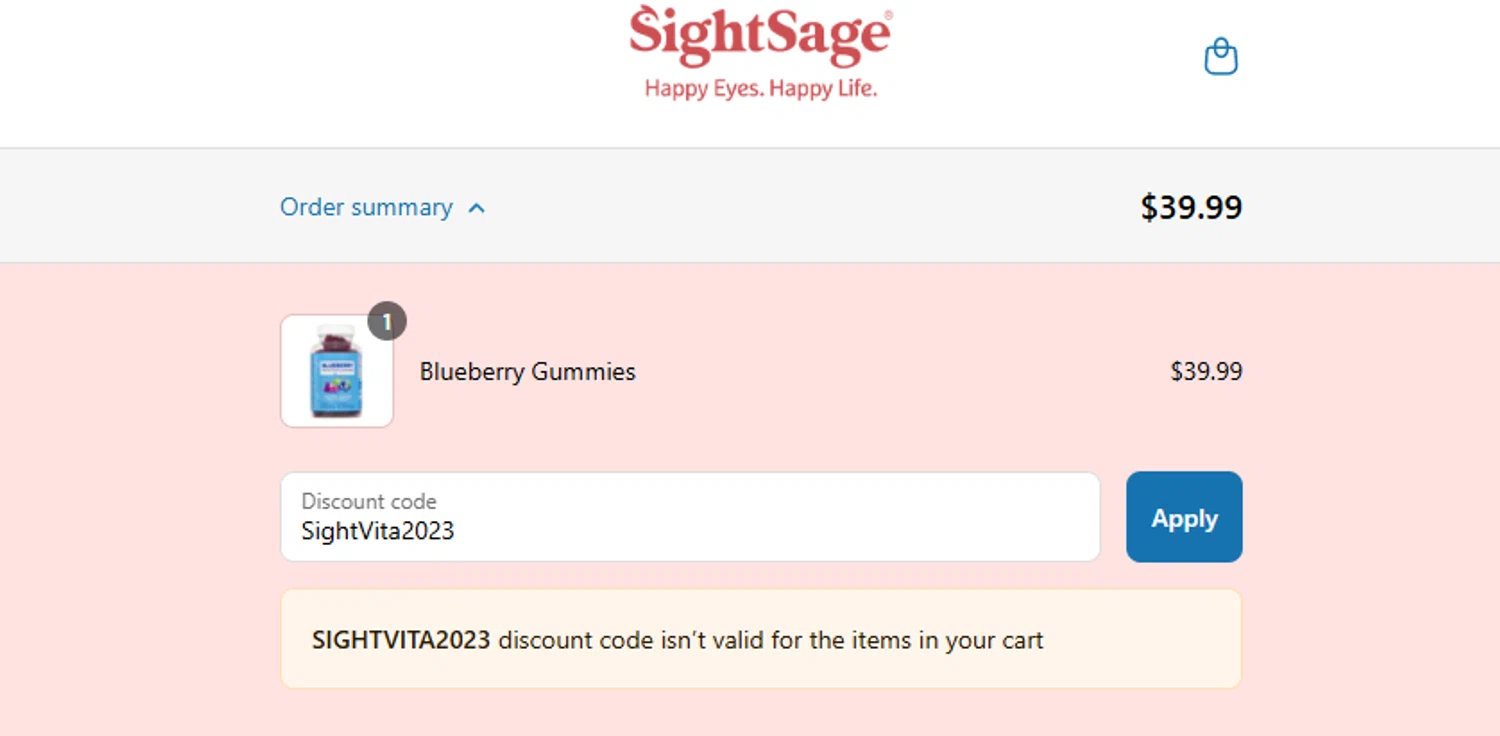 SightSage promo code screenshot showing code SightVita2023 applied at SightSage checkout page. Uploaded by SimplyCodes community member ashe1986 on Jul 31, 2025