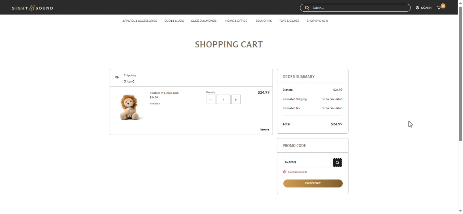 Sight & Sound Theatres promo code screenshot showing code SHIPFREE applied at Sight & Sound Theatres checkout page. Uploaded by SimplyCodes community member Bendito on Mar 25, 2025