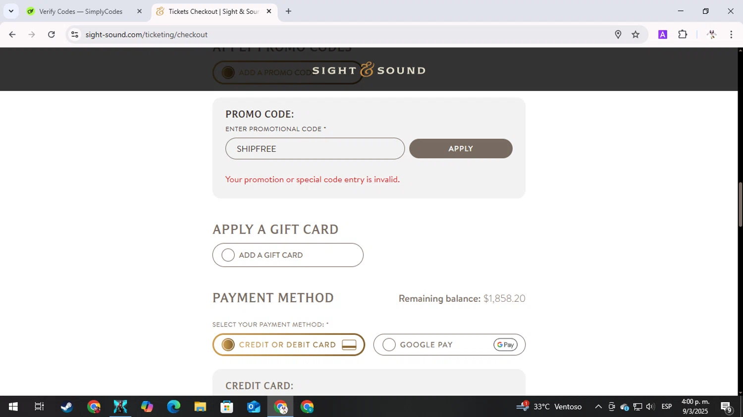 Sight & Sound Theatres promo code screenshot showing code SHIPFREE applied at Sight & Sound Theatres checkout page. Uploaded by SimplyCodes community member GameOver on Mar 9, 2025
