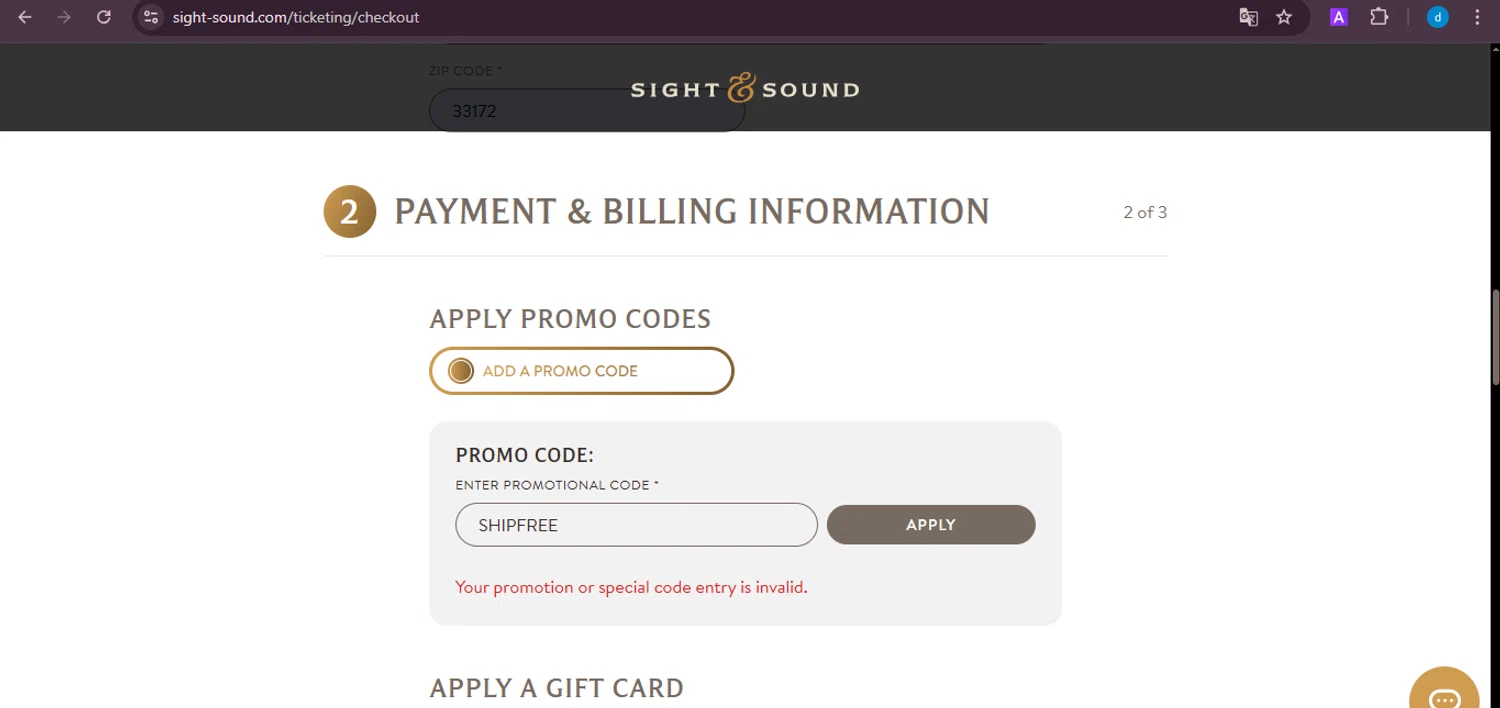 Sight & Sound Theatres promo code screenshot showing code SHIPFREE applied at Sight & Sound Theatres checkout page. Uploaded by SimplyCodes community member ShieldKnight4744 on Mar 13, 2025