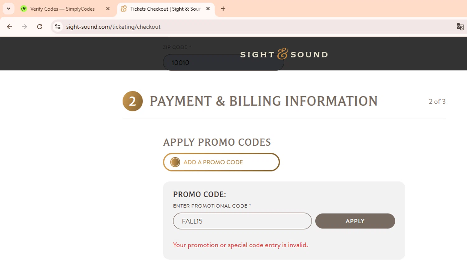 Sight & Sound Theatres promo code screenshot showing code FALL15 applied at Sight & Sound Theatres checkout page. Uploaded by SimplyCodes community member FortunateMaven6799 on Mar 17, 2025
