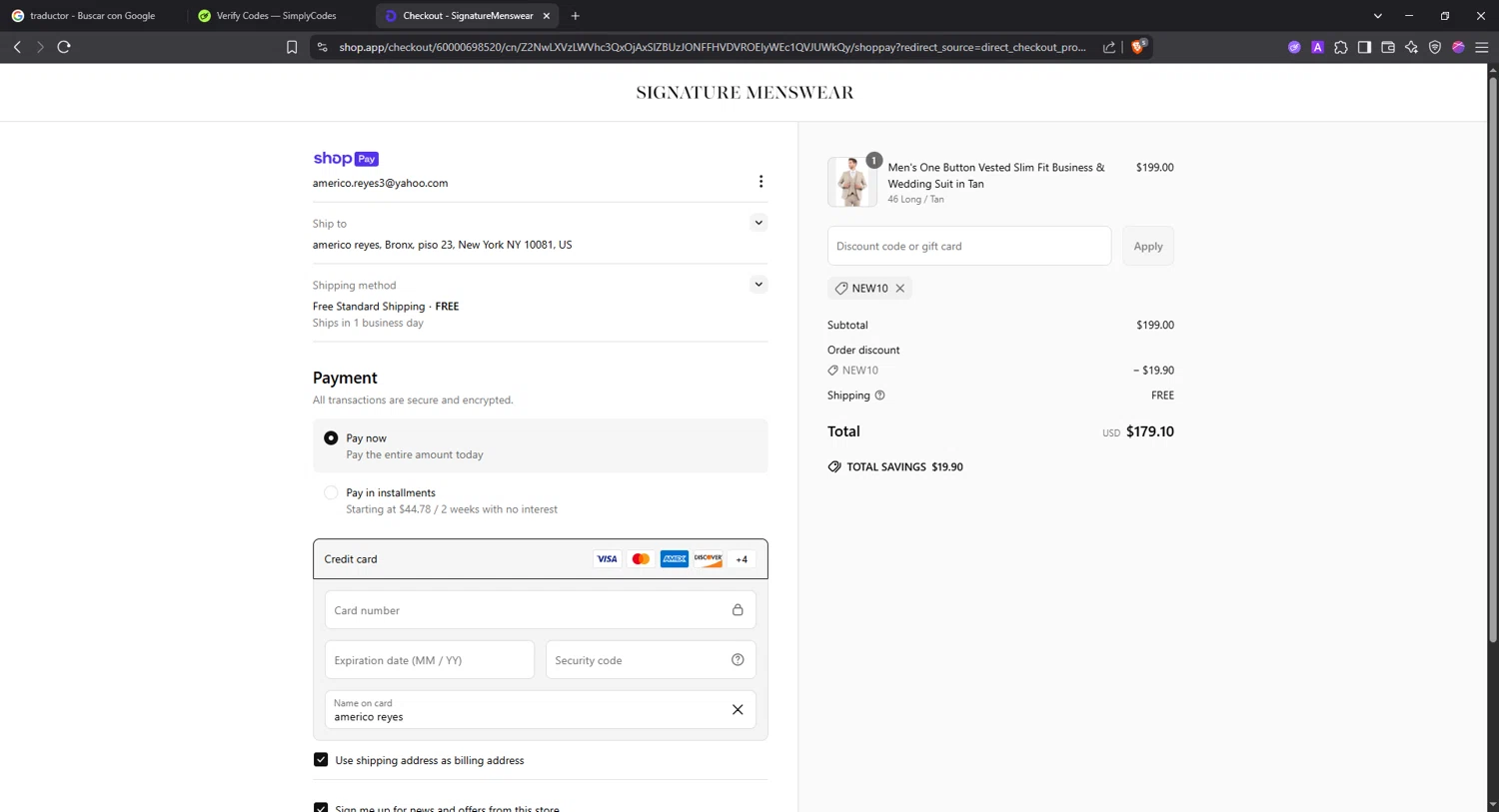 Signature Menswear discount code screenshot showing code NEW10 applied at Signature Menswear checkout page. Uploaded by SimplyCodes community member Angel14 on May 15, 2025
