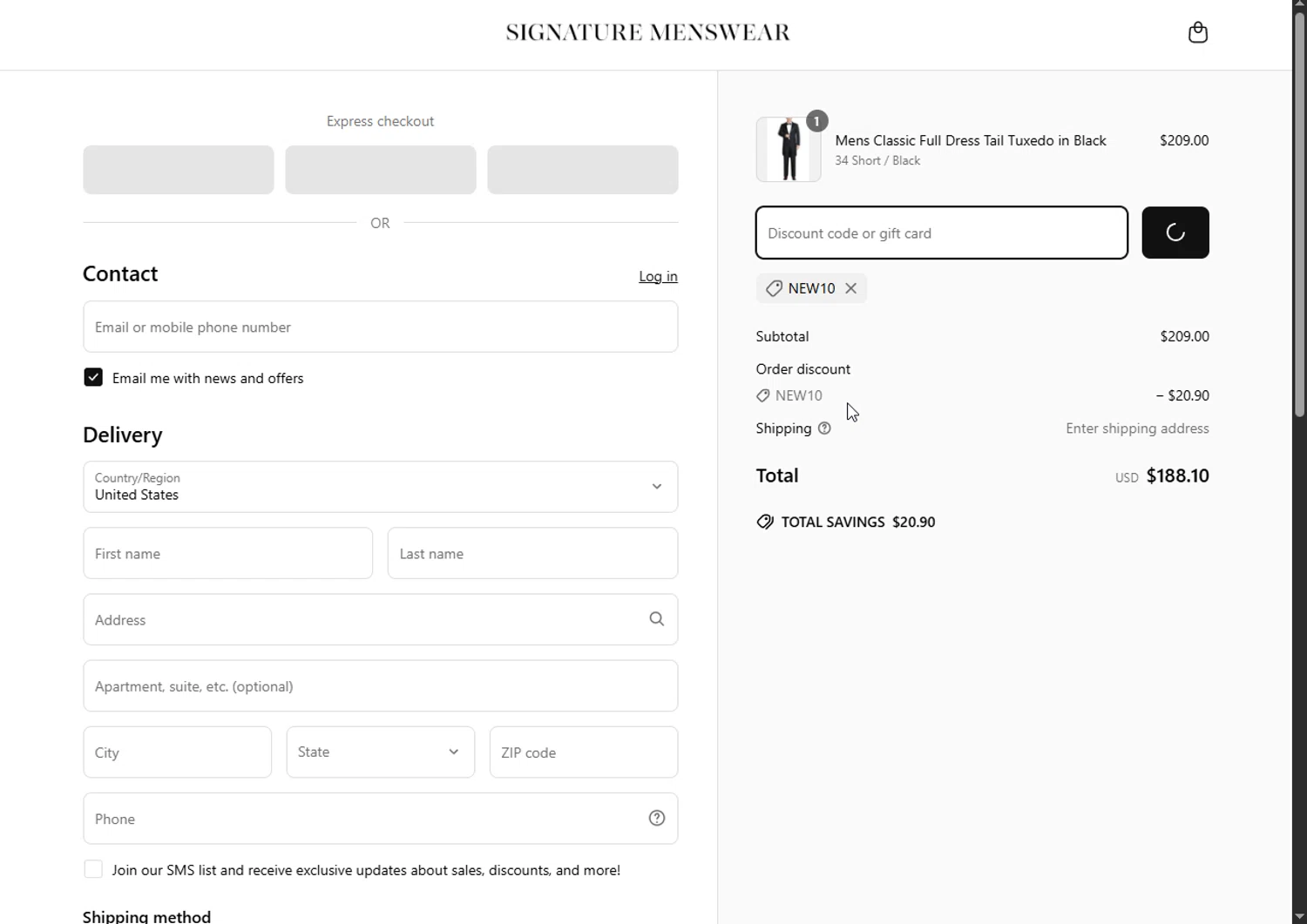 Signature Menswear discount code screenshot showing code NEW10 applied at Signature Menswear checkout page. Uploaded by SimplyCodes community member Heibk201 on Apr 9, 2025