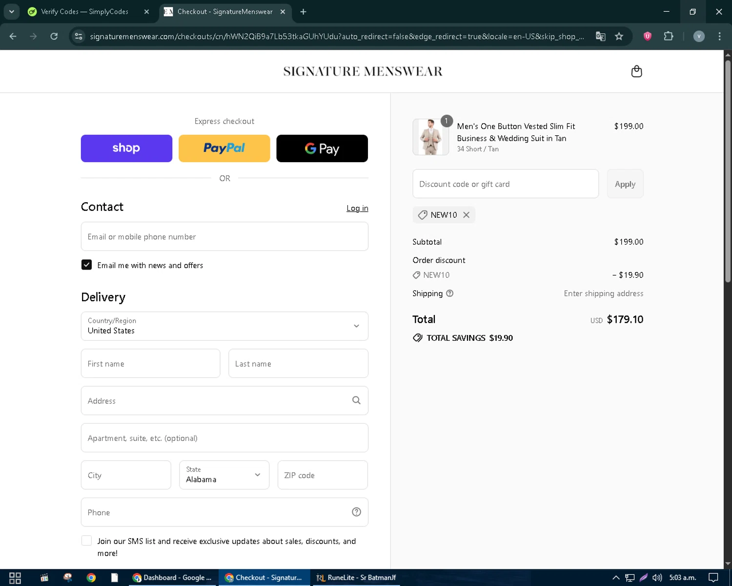 Signature Menswear discount code screenshot showing code NEW10 applied at Signature Menswear checkout page. Uploaded by SimplyCodes community member charmander589 on Aug 31, 2025