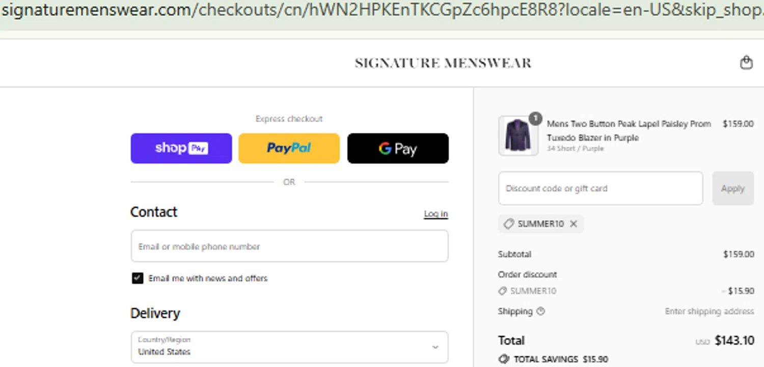 Signature Menswear discount code screenshot showing code SUMMER10 applied at Signature Menswear checkout page. Uploaded by SimplyCodes community member CashMaestro9337 on Aug 27, 2025