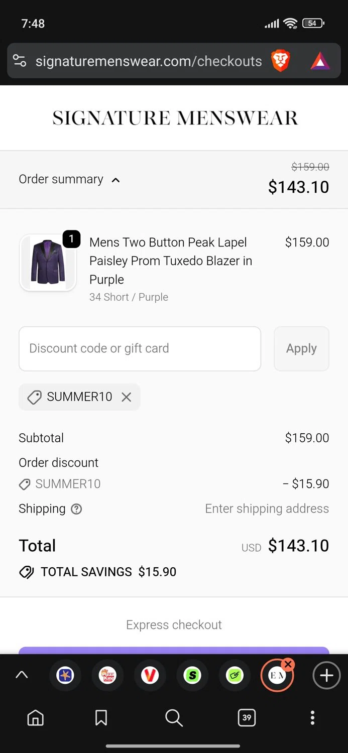 Signature Menswear discount code screenshot showing code SUMMER10 applied at Signature Menswear checkout page. Uploaded by SimplyCodes community member Dejadepicharme on Oct 11, 2025