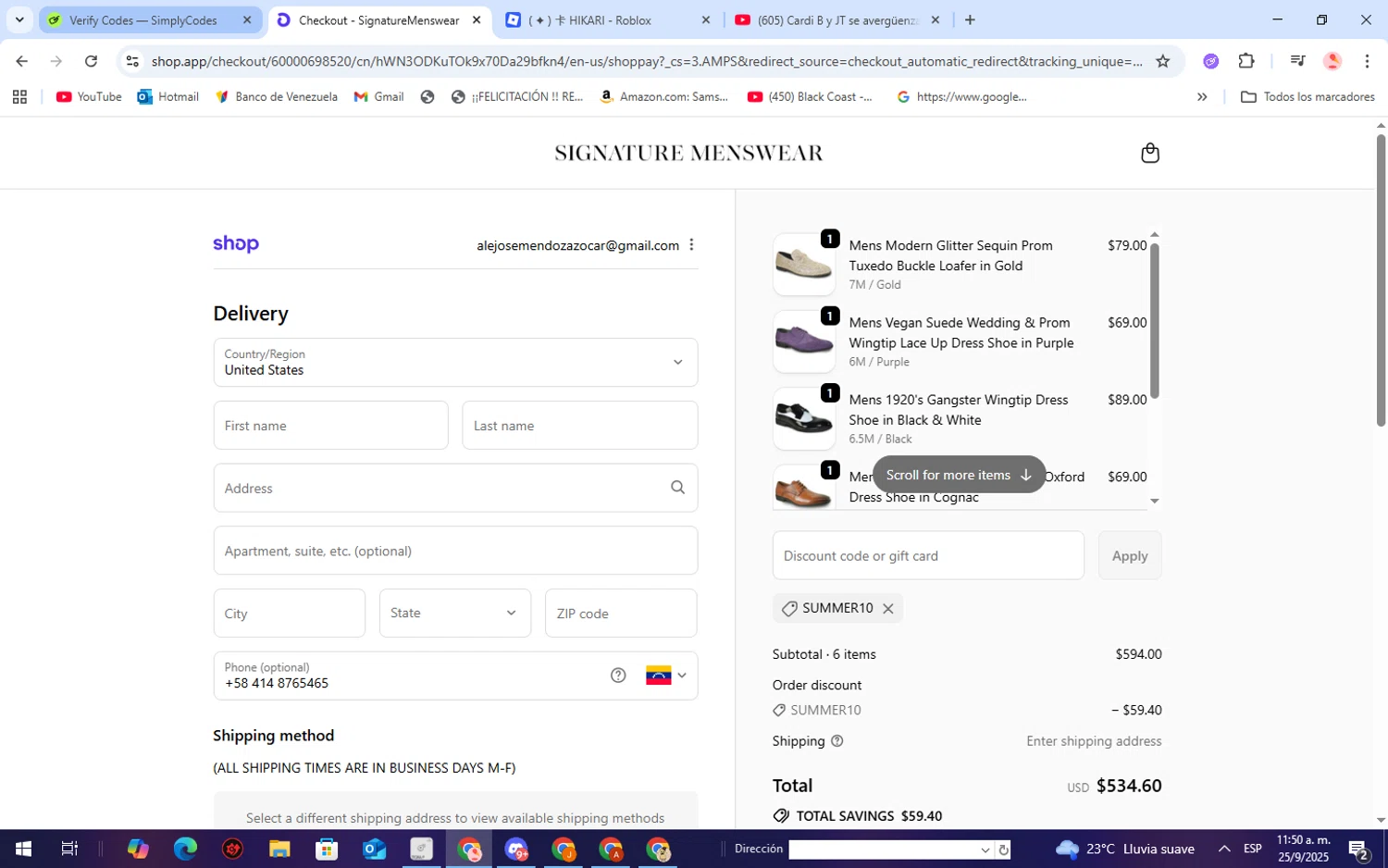 Signature Menswear discount code screenshot showing code SUMMER10 applied at Signature Menswear checkout page. Uploaded by SimplyCodes community member WiseScholar9036 on Sep 25, 2025