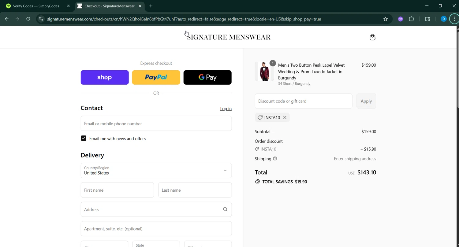 Signature Menswear discount code screenshot showing code insta10 applied at Signature Menswear checkout page. Uploaded by SimplyCodes community member GoldChaser6627 on Aug 31, 2025
