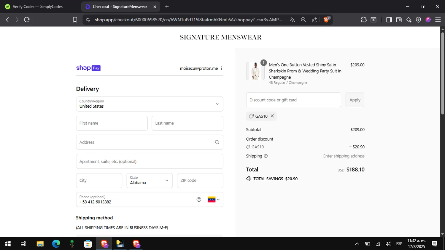 Signature Menswear discount code screenshot showing code GAS10 applied at Signature Menswear checkout page. Uploaded by SimplyCodes community member Pitochu on Aug 17, 2025