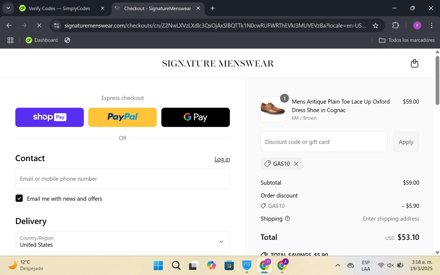 Signature Menswear discount code screenshot showing code GAS10 applied at Signature Menswear checkout page. Uploaded by SimplyCodes community member FrugalKnight6753 on Mar 19, 2025