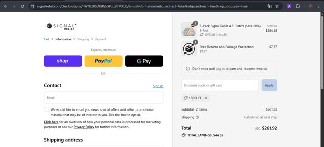Signal Relief checkout page showing Signal Relief discount code box | Screenshot taken by SimplyCodes community member on Sep 12, 2025