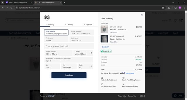 Signature Hardware checkout page showing Signature Hardware promo code box | Screenshot taken by SimplyCodes community member on Mar 8, 2024