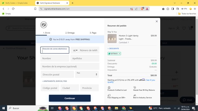 Signature Hardware checkout page showing Signature Hardware promo code box | Screenshot taken by SimplyCodes community member on Apr 29, 2024