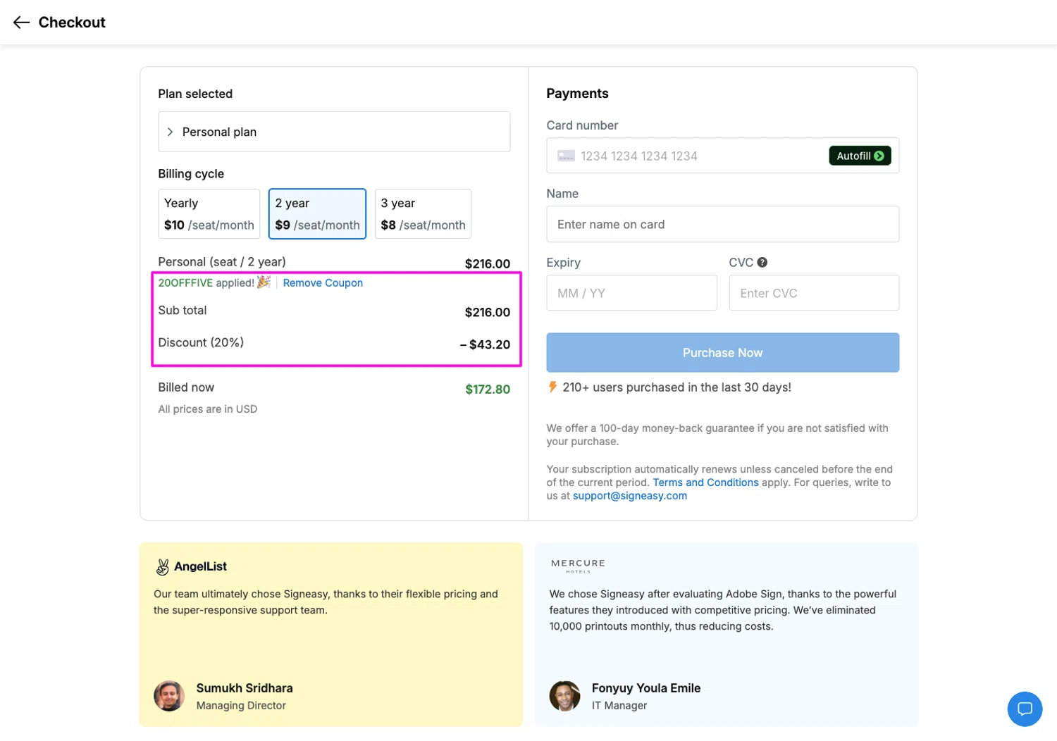 Signeasy promo code screenshot showing code 20OFFFIVE applied at Signeasy checkout page. Uploaded by SimplyCodes community member chandlerbing on Jun 8, 2026