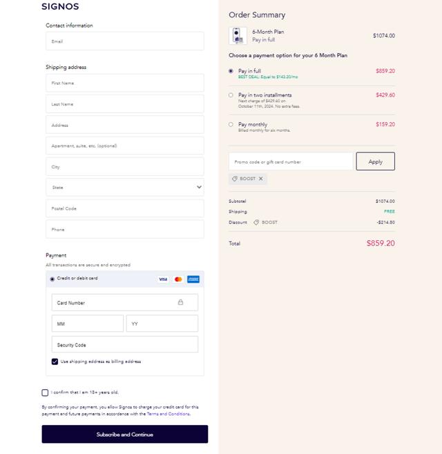 Signos checkout page showing Signos promo code box | Screenshot taken by SimplyCodes community member on Jul 13, 2024