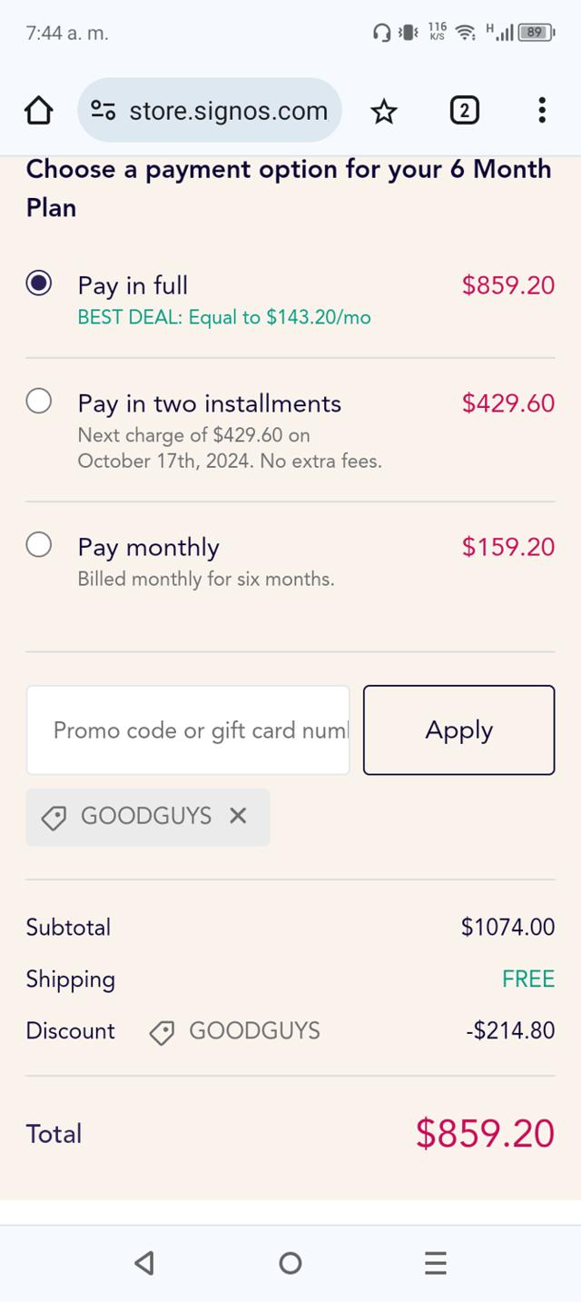 Signos checkout page showing Signos promo code box | Screenshot taken by SimplyCodes community member on Jul 19, 2024