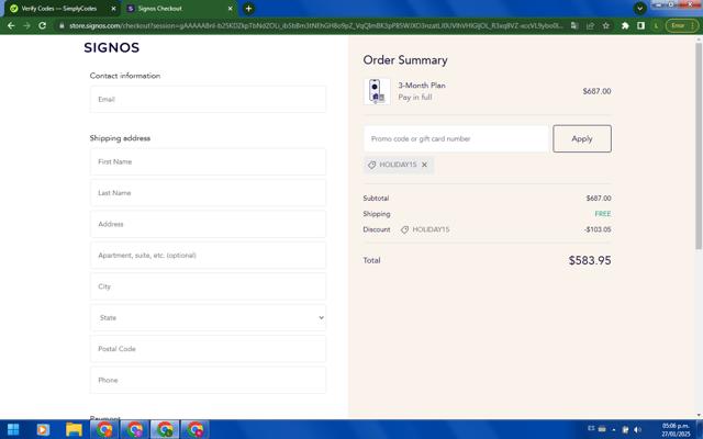 Signos checkout page showing Signos promo code box | Screenshot taken by SimplyCodes community member on Jan 27, 2025