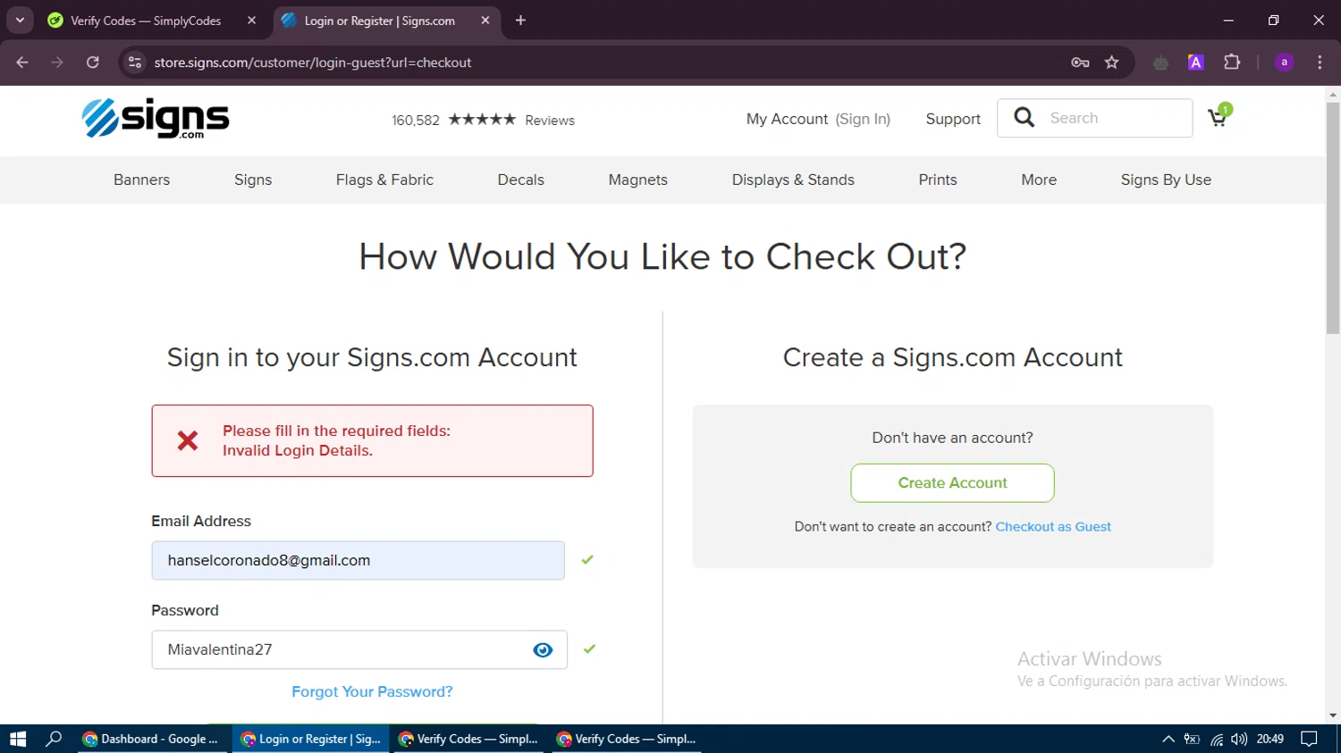 Signs.com checkout page showing Signs.com promo code box | Screenshot taken by SimplyCodes community member on Feb 11, 2025