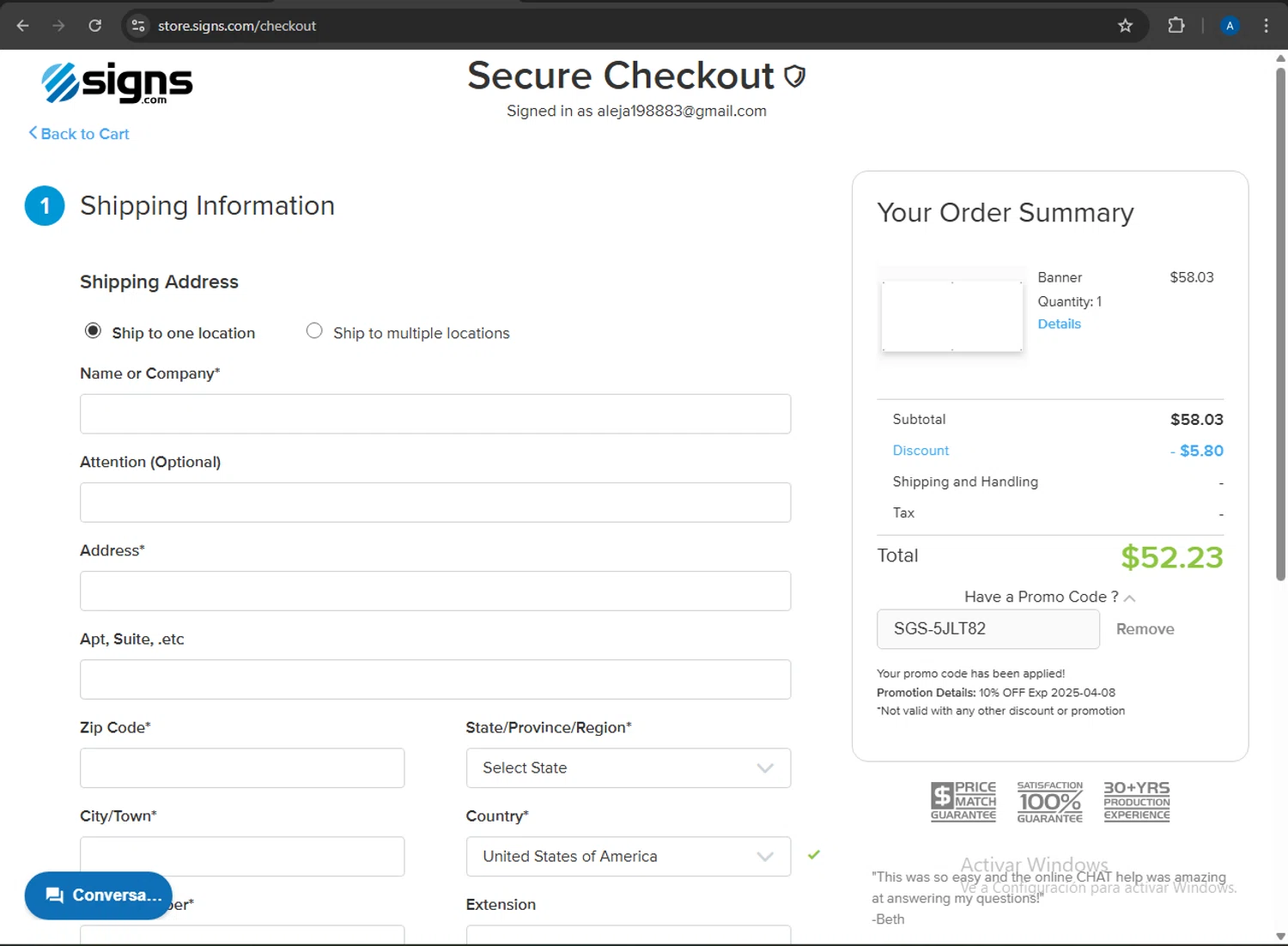 Signs.com checkout page showing Signs.com promo code box | Screenshot taken by SimplyCodes community member on Mar 20, 2025