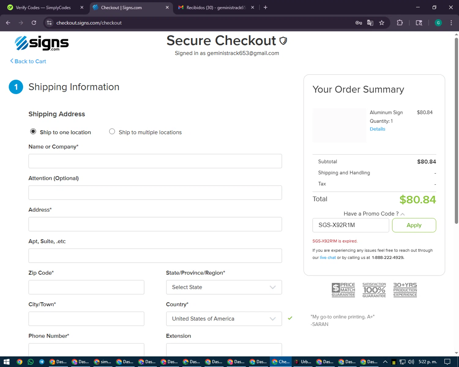 Signs.com promo code screenshot showing code SGS-X92R1M applied at Signs.com checkout page. Uploaded by SimplyCodes community member PennyFinder5759 on Aug 20, 2025