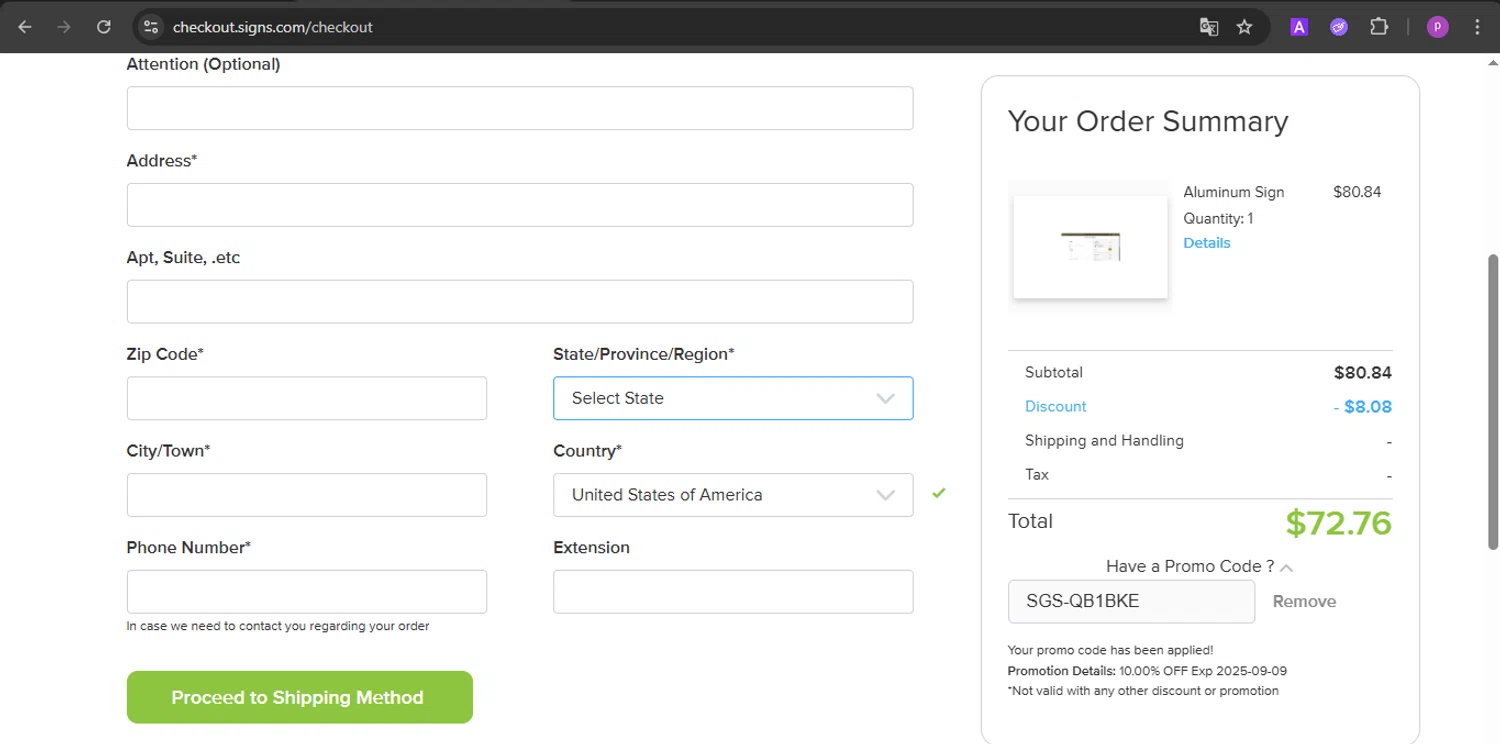 Signs.com promo code screenshot showing code SGS-QB1BKE applied at Signs.com checkout page. Uploaded by SimplyCodes community member firoas on Aug 30, 2025