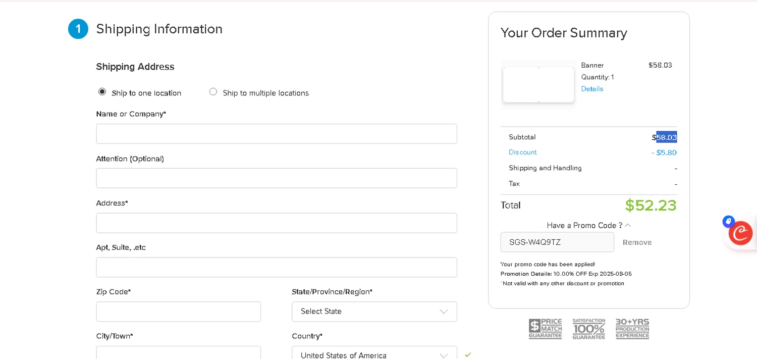 Signs.com promo code screenshot showing code SGS-W4Q9TZ applied at Signs.com checkout page. Uploaded by SimplyCodes community member MagnificentCurator5441 on Aug 4, 2025