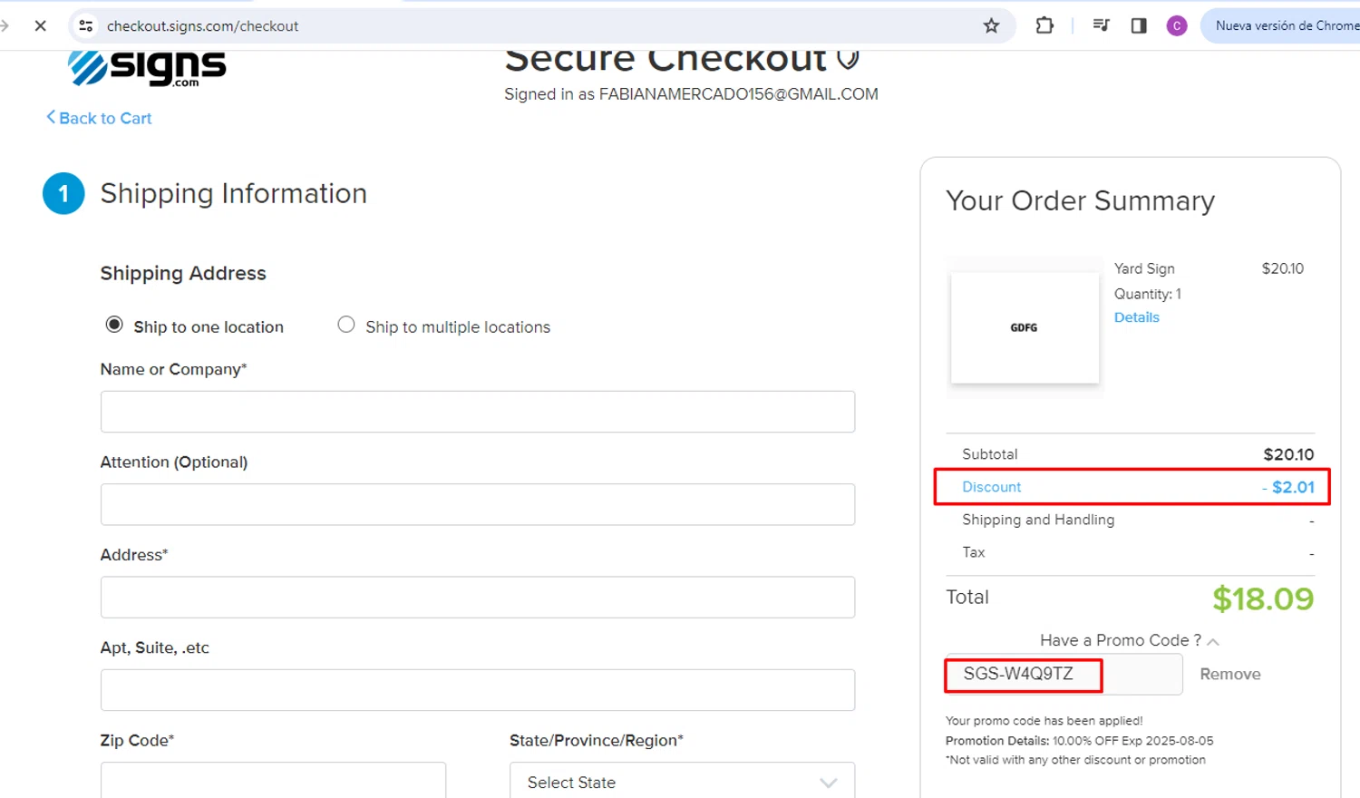 Signs.com promo code screenshot showing code SGS-W4Q9TZ applied at Signs.com checkout page. Uploaded by SimplyCodes community member nileskamarcano on Jul 31, 2025