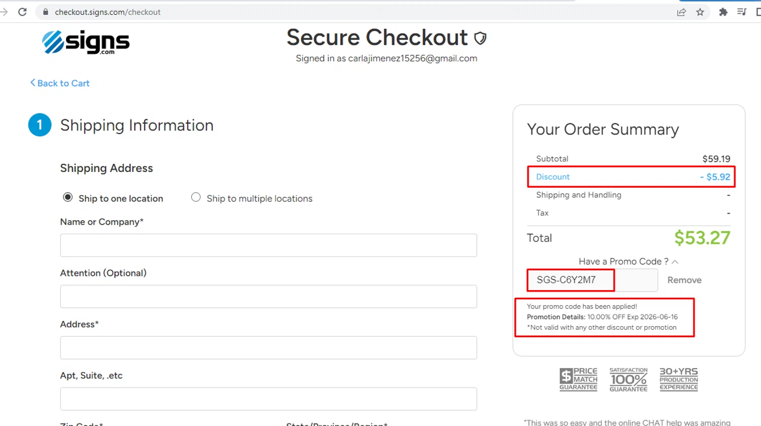 Signs.com promo code screenshot showing code SGS-C6Y2M7 applied at Signs.com checkout page. Uploaded by SimplyCodes community member nileskamarcano on May 29, 2026