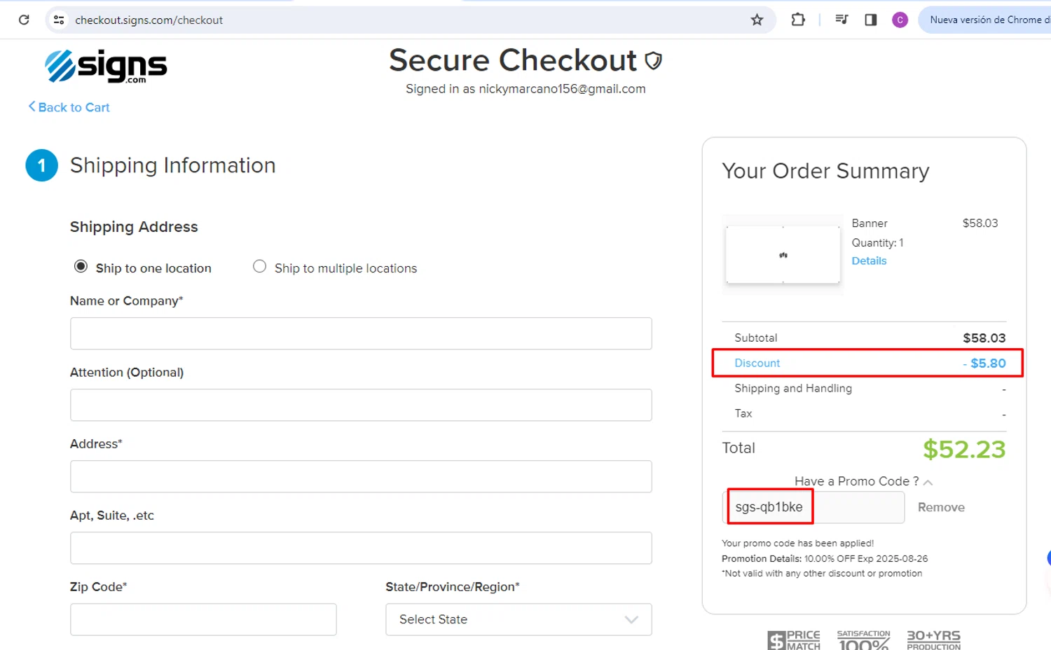 Signs.com promo code screenshot showing code sgs-qb1bke applied at Signs.com checkout page. Uploaded by SimplyCodes community member nileskamarcano on Aug 23, 2025