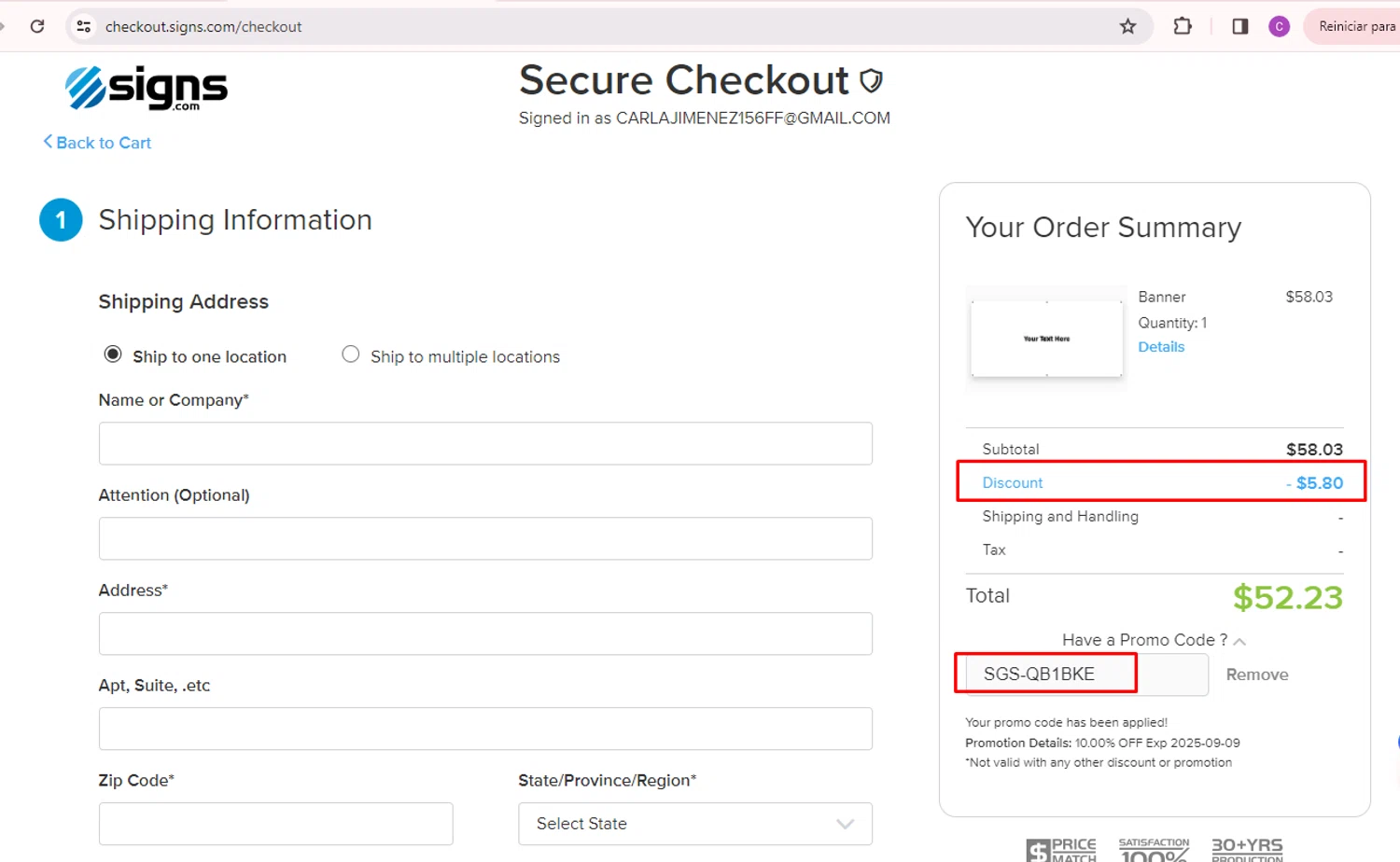 Signs.com promo code screenshot showing code SGS-QB1BKE applied at Signs.com checkout page. Uploaded by SimplyCodes community member nileskamarcano on Aug 29, 2025