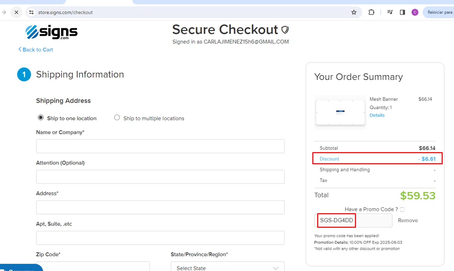 Signs.com promo code screenshot showing code SGS-DG4DD applied at Signs.com checkout page. Uploaded by SimplyCodes community member nileskamarcano on May 9, 2025