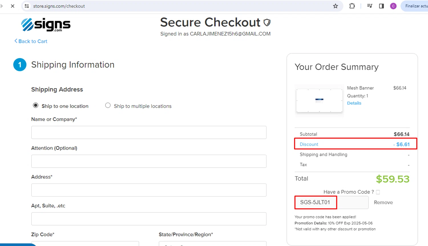 Signs.com promo code screenshot showing code SGS-5JLT01 applied at Signs.com checkout page. Uploaded by SimplyCodes community member nileskamarcano on Apr 17, 2025