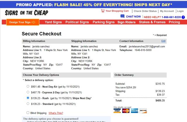 Signs On The Cheap checkout page showing Signs On The Cheap promo code box | Screenshot taken by SimplyCodes community member on Nov 8, 2021