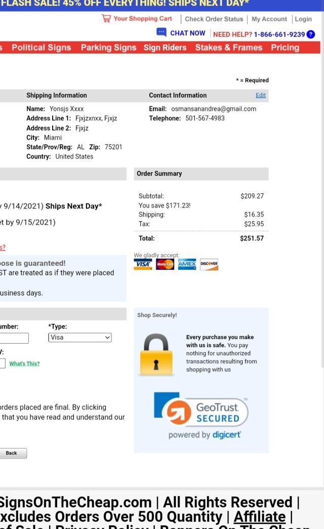 Signs On The Cheap checkout page showing Signs On The Cheap promo code box | Screenshot taken by SimplyCodes community member on Sep 9, 2021
