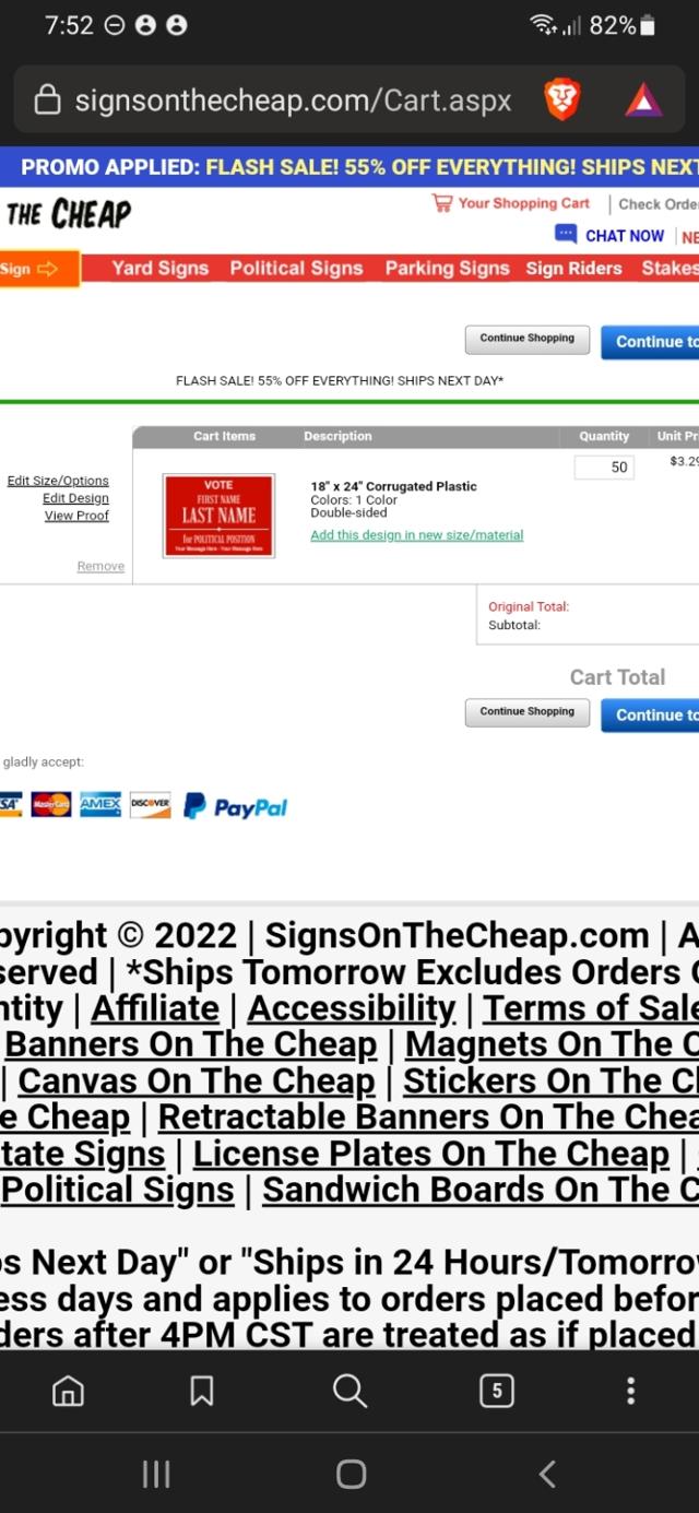Signs On The Cheap checkout page showing Signs On The Cheap promo code box | Screenshot taken by SimplyCodes community member on Feb 25, 2022