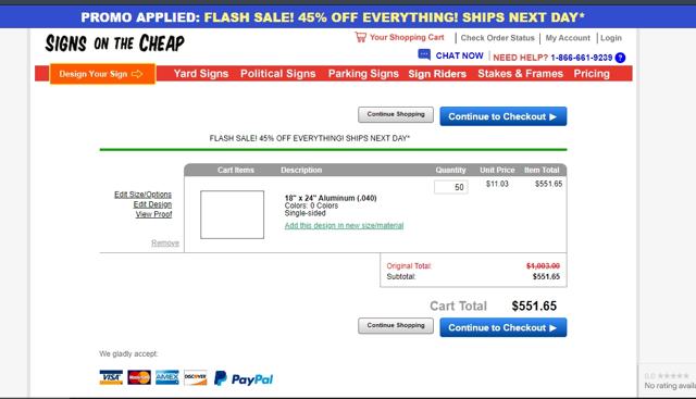 Signs On The Cheap checkout page showing Signs On The Cheap promo code box | Screenshot taken by SimplyCodes community member on Oct 22, 2021