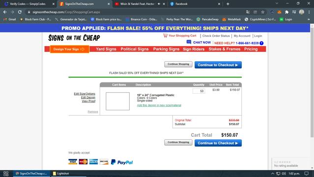Signs On The Cheap checkout page showing Signs On The Cheap promo code box | Screenshot taken by SimplyCodes community member on Jan 26, 2022